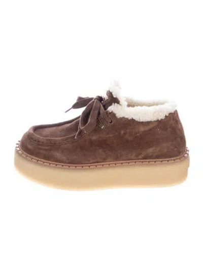 Pre-owned Prada Enameled Metal Triangle Suede Lace-up Boots In Brown