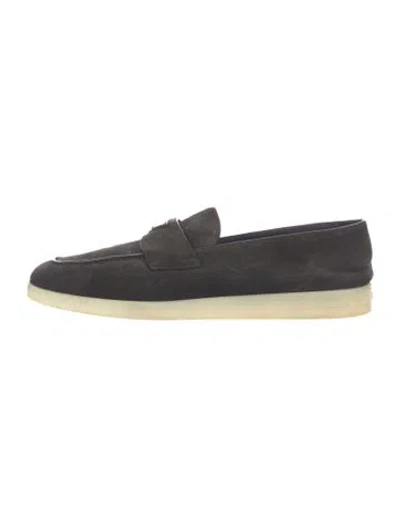 Pre-owned Prada Enameled Metal Triangle Suede Loafer Sneakers In Black