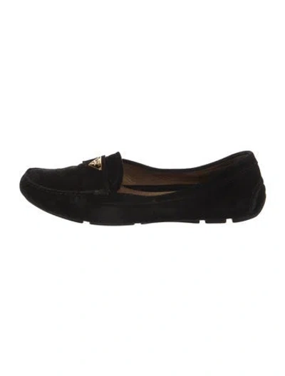 Pre-owned Prada Enameled Metal Triangle Suede Loafers In Black