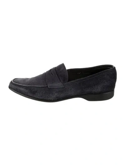 Pre-owned Prada Enameled Metal Triangle Suede Loafers In Black