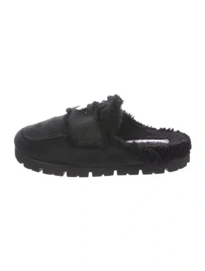 Pre-owned Prada Enameled Metal Triangle Suede Loafers In Black