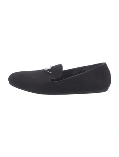Pre-owned Prada Enameled Metal Triangle Suede Loafers In Black