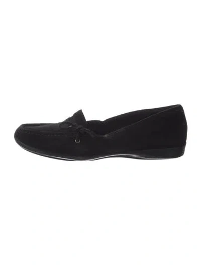 Pre-owned Prada Enameled Metal Triangle Suede Loafers In Black