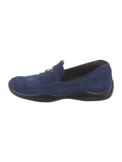 Pre-owned Prada Enameled Metal Triangle Suede Loafers In Blue