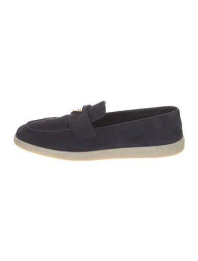 Pre-owned Prada Enameled Metal Triangle Suede Loafers In Blue
