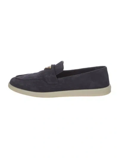 Pre-owned Prada Enameled Metal Triangle Suede Loafers In Blue