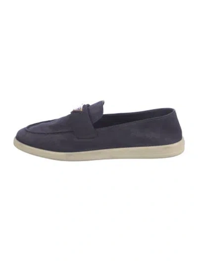 Pre-owned Prada Enameled Metal Triangle Suede Loafers In Blue