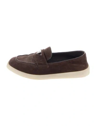Pre-owned Prada Enameled Metal Triangle Suede Loafers In Brown