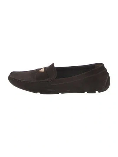 Pre-owned Prada Enameled Metal Triangle Suede Loafers In Brown
