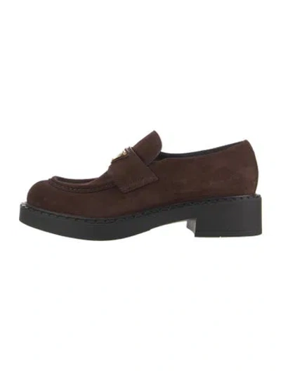 Pre-owned Prada Enameled Metal Triangle Suede Loafers In Brown