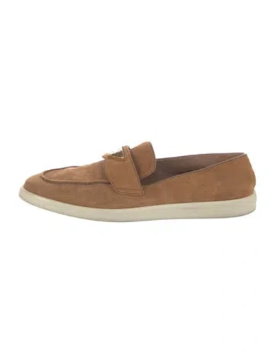 Pre-owned Prada Enameled Metal Triangle Suede Loafers In Brown