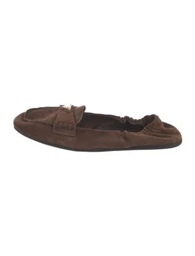 Pre-owned Prada Enameled Metal Triangle Suede Loafers In Brown