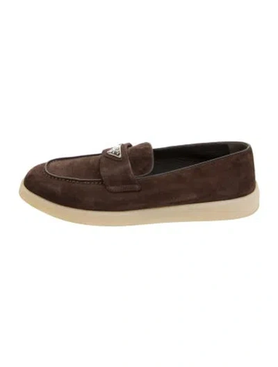Pre-owned Prada Enameled Metal Triangle Suede Loafers In Brown