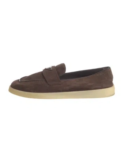 Pre-owned Prada Enameled Metal Triangle Suede Loafers In Brown
