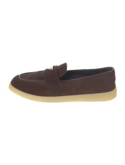 Pre-owned Prada Enameled Metal Triangle Suede Loafers In Brown