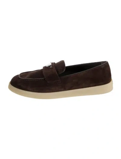 Pre-owned Prada Enameled Metal Triangle Suede Loafers In Brown