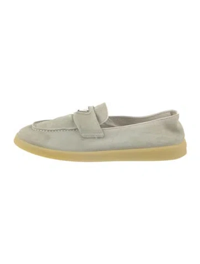 Pre-owned Prada Enameled Metal Triangle Suede Loafers In Green