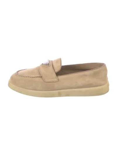 Pre-owned Prada Enameled Metal Triangle Suede Loafers In Neutral
