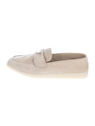 Pre-owned Prada Enameled Metal Triangle Suede Loafers In Neutral
