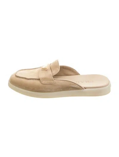 Pre-owned Prada Enameled Metal Triangle Suede Loafers In Neutrals