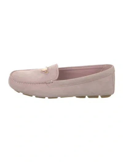 Pre-owned Prada Enameled Metal Triangle Suede Loafers In Pink