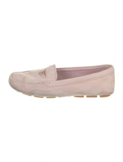 Pre-owned Prada Enameled Metal Triangle Suede Loafers In Pink