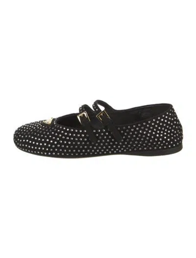 Pre-owned Prada Enameled Metal Triangle Suede Mary Jane Flats In Black