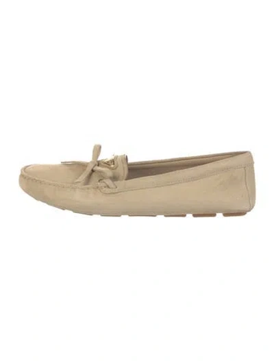 Pre-owned Prada Enameled Metal Triangle Suede Moccasins In Neutral