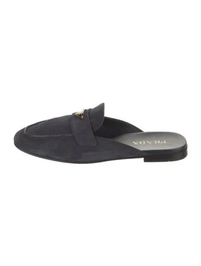 Pre-owned Prada Enameled Metal Triangle Suede Mules In Blue