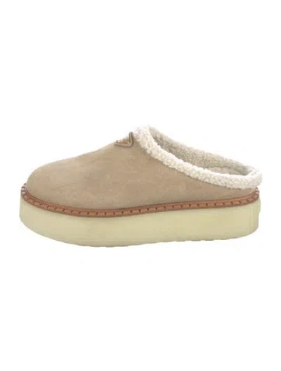 Pre-owned Prada Enameled Metal Triangle Suede Mules In Neutral