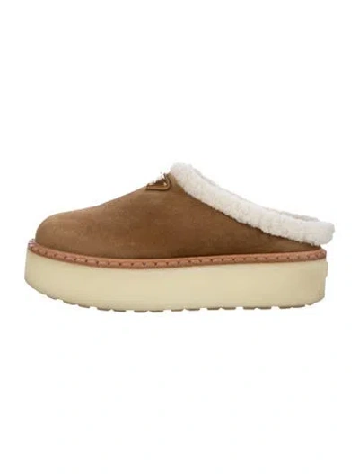 Pre-owned Prada Enameled Metal Triangle Suede Mules In Neutral