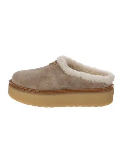Pre-owned Prada Enameled Metal Triangle Suede Mules In Neutral