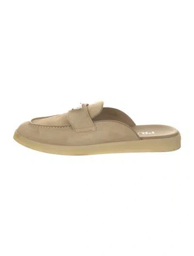 Pre-owned Prada Enameled Metal Triangle Suede Mules In Neutral