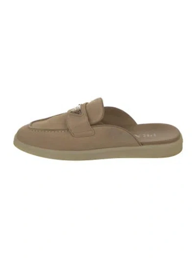 Pre-owned Prada Enameled Metal Triangle Suede Mules In Neutral