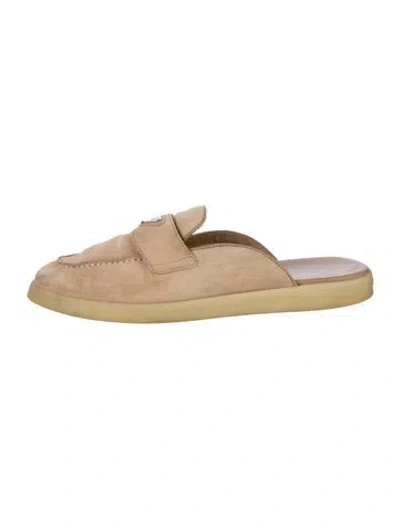 Pre-owned Prada Enameled Metal Triangle Suede Mules In Neutral