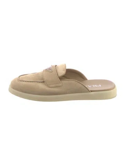 Pre-owned Prada Enameled Metal Triangle Suede Mules In Neutral
