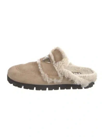 Pre-owned Prada Enameled Metal Triangle Suede Mules In Neutral