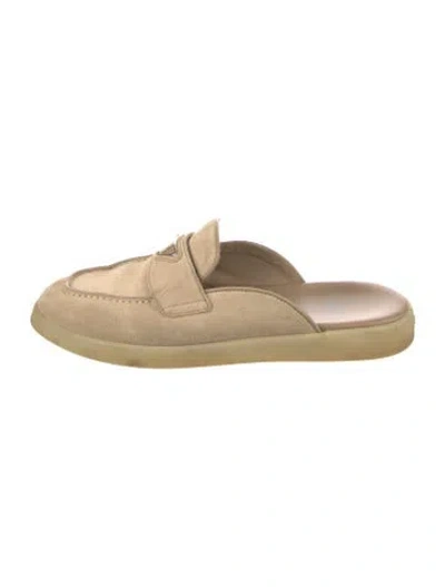 Pre-owned Prada Enameled Metal Triangle Suede Mules In Neutral