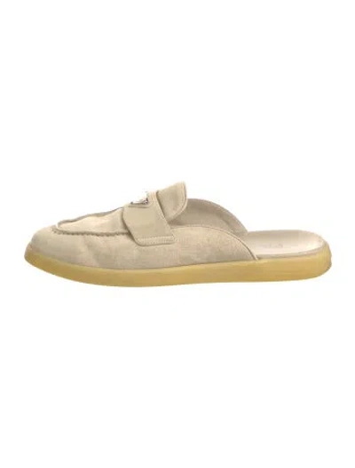 Pre-owned Prada Enameled Metal Triangle Suede Mules In Neutral