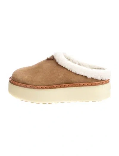 Pre-owned Prada Enameled Metal Triangle Suede Mules In Neutral