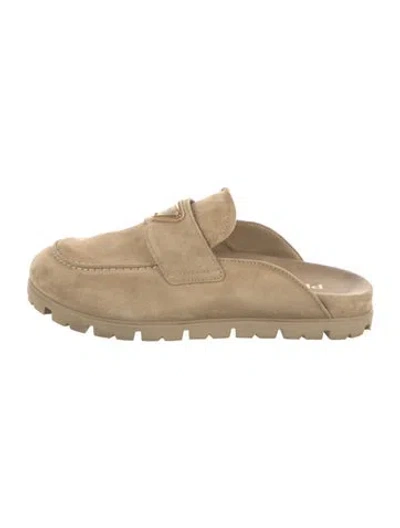 Pre-owned Prada Enameled Metal Triangle Suede Mules In Neutral
