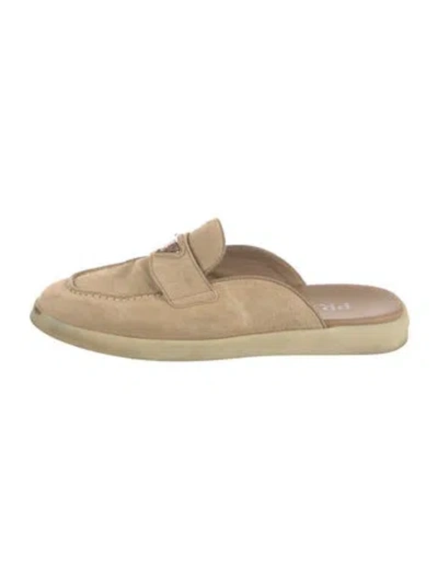 Pre-owned Prada Enameled Metal Triangle Suede Mules In Neutral