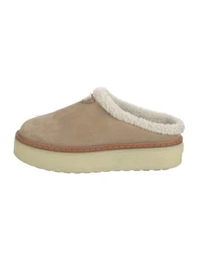 Pre-owned Prada Enameled Metal Triangle Suede Mules In Neutrals