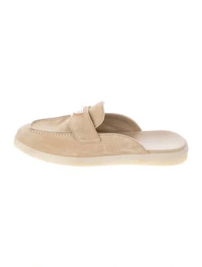 Pre-owned Prada Enameled Metal Triangle Suede Mules In Neutrals