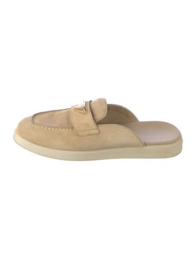 Pre-owned Prada Enameled Metal Triangle Suede Mules In Neutrals