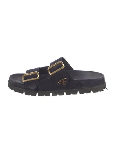 Pre-owned Prada Enameled Metal Triangle Suede Slides In Black