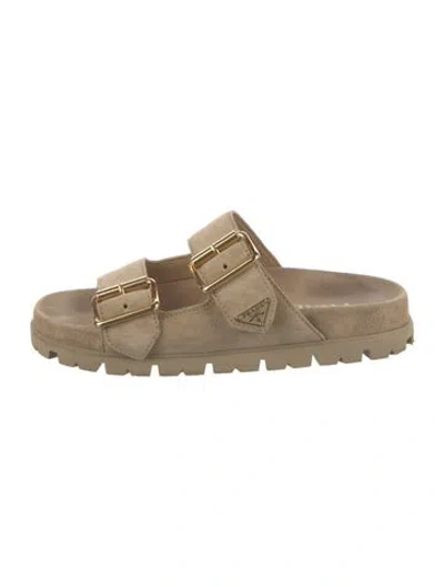 Pre-owned Prada Enameled Metal Triangle Suede Slides In Neutral