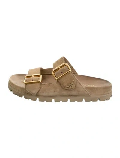 Pre-owned Prada Enameled Metal Triangle Suede Slides In Neutrals