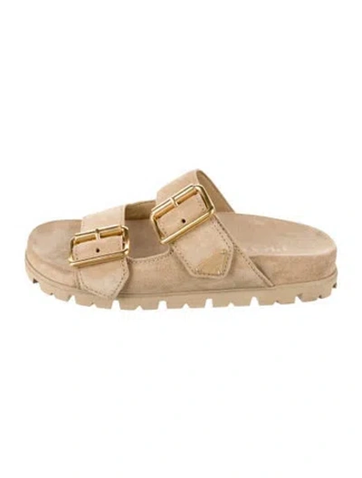 Pre-owned Prada Enameled Metal Triangle Suede Slides In Neutrals