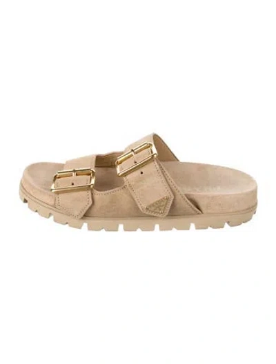 Pre-owned Prada Enameled Metal Triangle Suede Slides In Neutrals